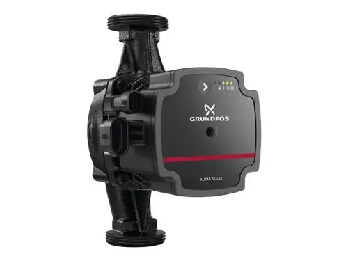 Grundfos Umwälzpumpe in schwarzem Gehäuse mit einem Steuergerät an der Oberseite, ausgestattet mit mehreren LEDs zur Anzeige des Betriebszustands.